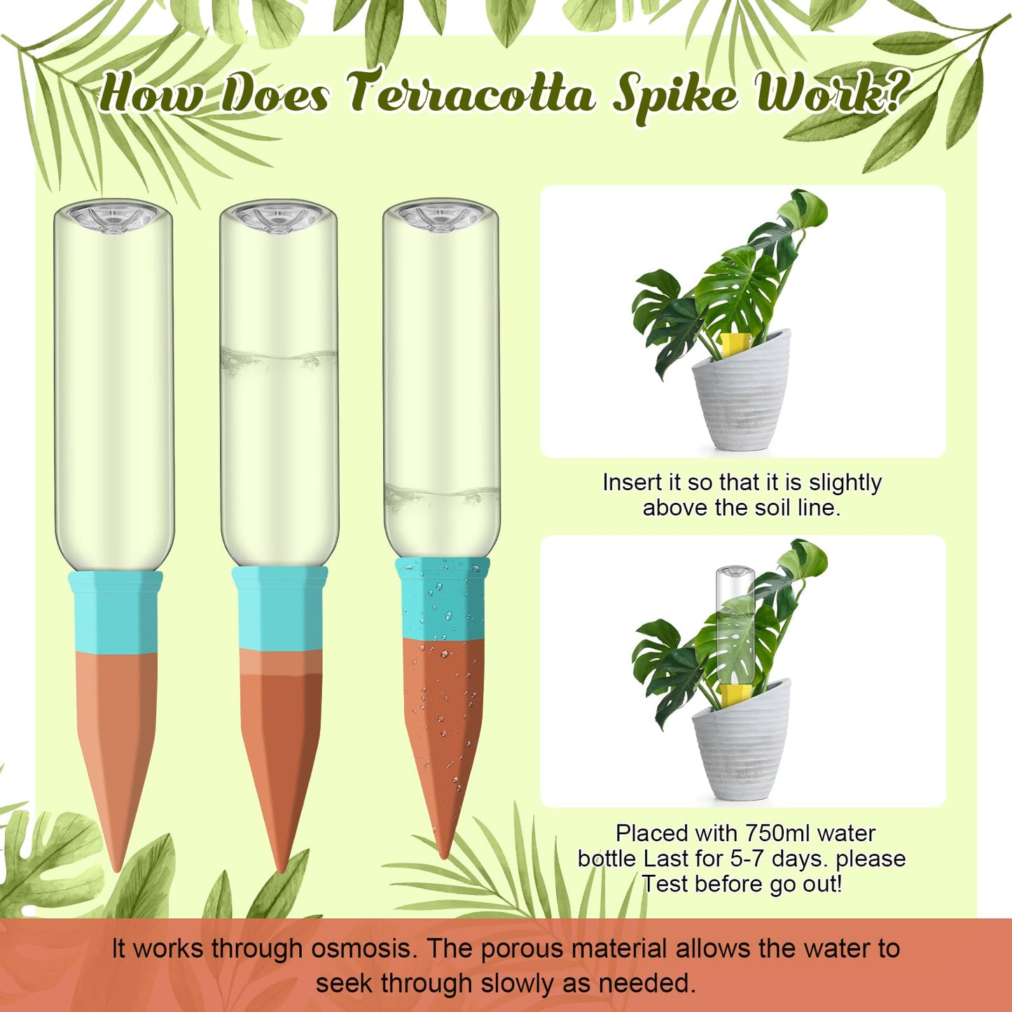 SiliFine 6 Sets Plant Watering Devices Include Terracotta Self Watering Spikes and 26 oz Plastic Bottles, Slow Release Vacation Insert Automatic Plant Waterer Device (Clear and Mixed Color)