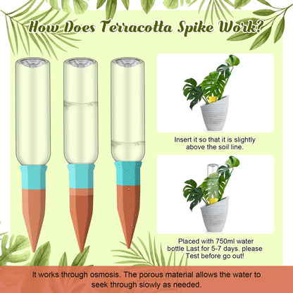 SiliFine 6 Sets Plant Watering Devices Include Terracotta Self Watering Spikes and 26 oz Plastic Bottles, Slow Release Vacation Insert Automatic Plant Waterer Device (Clear and Mixed Color)