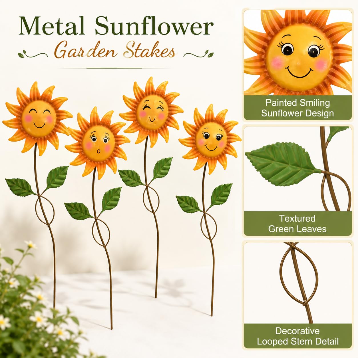WKHOMEDECO 4 Pack Smiley Sunflower Decorative Garden Stakes, 20.5 Inch Metal Flower Garden Stakes for Outside, Yard Art Outdoor Decor for Lawn Planter Porch Patio