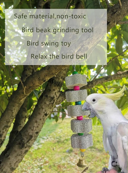 2Pcs Parrot Chewing Toy, Bird Beak Grinding Stone Toys with Bell, Lava Block Calcium Supplement Food for African Greys Amazon Conure Eclectus Budgies Parakeet Cockatiel Hamster Chinchilla