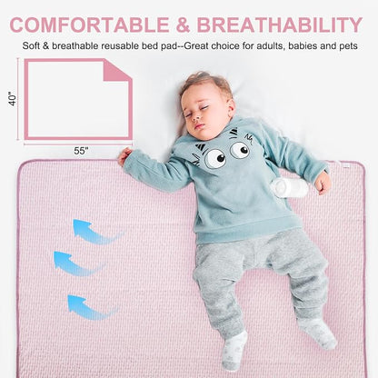 Bed Pads for Incontinence Washable, 40"x55" Large Reusable Waterproof Soft Wetting Underpad for Adults, Elderly, Seniors, Women, Kids & Pets, Machine Washable Pad for Bed, Sofa-Pink
