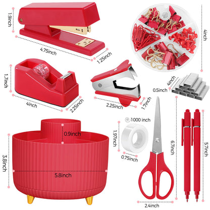 SKYDUE Red Office Supplies Set, Pencil Holder for Desk, Stapler, Tape Dispenser, Scissors,Clips and 1000pcs Staples, Office Decor for Women, Red Desk Accessories