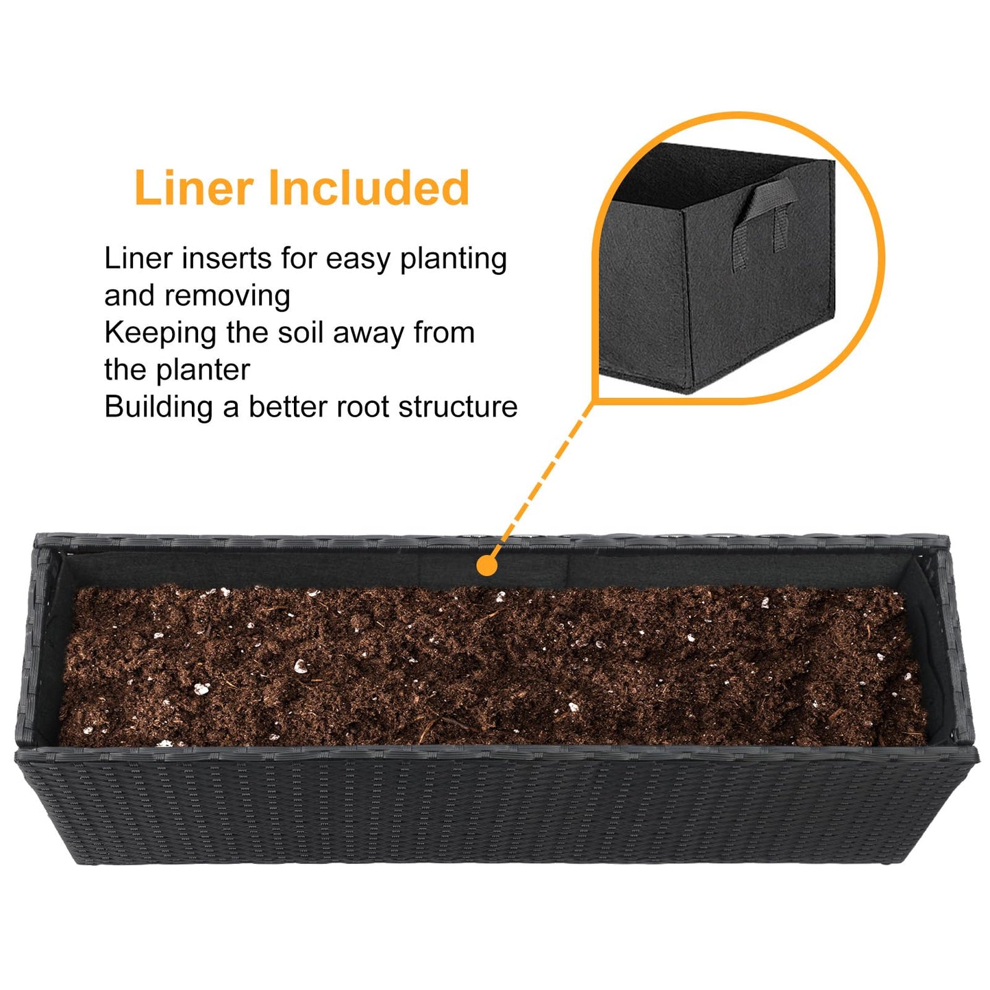 SUNNYPARK Black Rectangular Planter Box All-Weather PE Rattan Large Modern Planters with Removable Liner Indoor Outdoor Decorative Flower Pot for Patio, Balcony, Garden