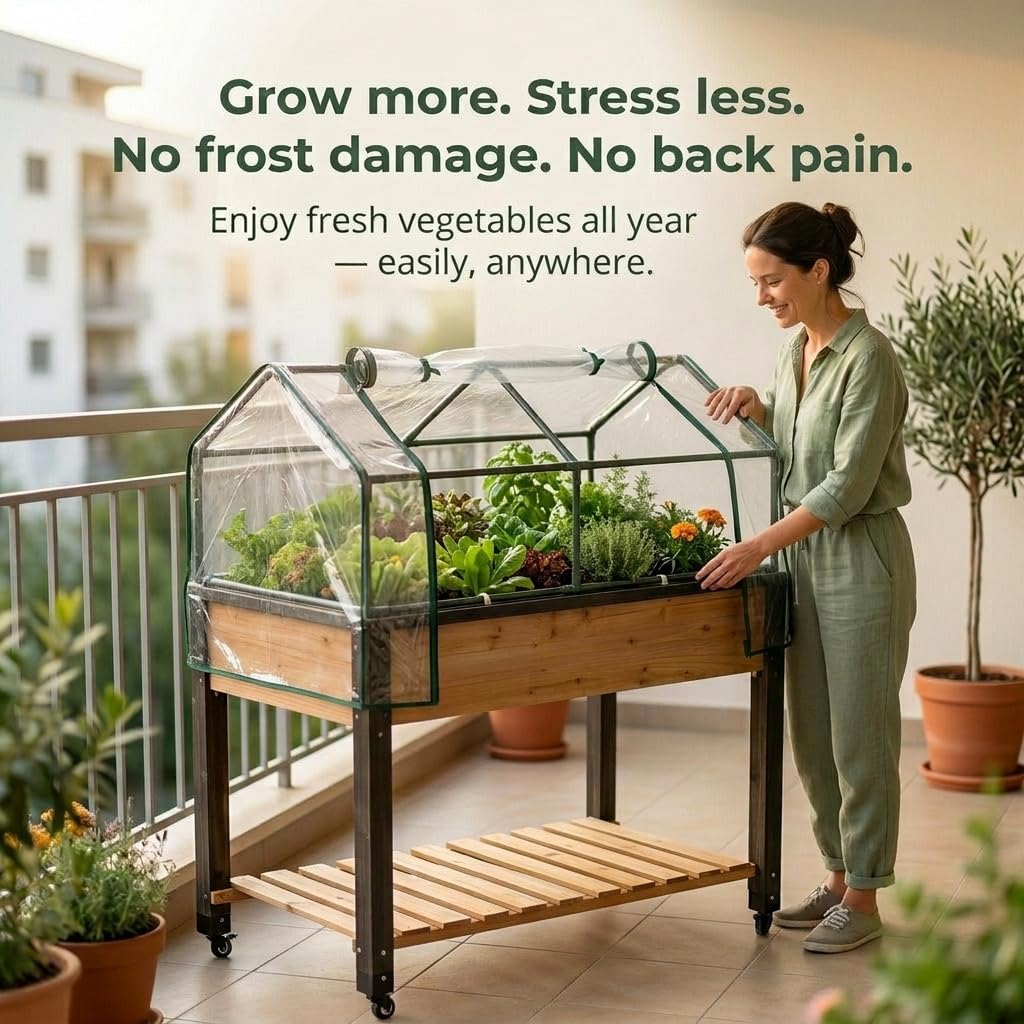GOJ Raised Garden Bed Wood 48x24x32 inch with Greenhouse & Lockable Wheels - Elevated Wood Planter Box for Outdoors Vegetable Flower Bed Herb Planter - 400 lbs Capacity
