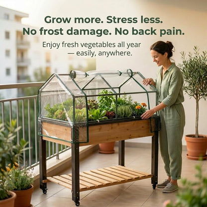 GOJ Raised Garden Bed Wood 48x24x32 inch with Greenhouse & Lockable Wheels - Elevated Wood Planter Box for Outdoors Vegetable Flower Bed Herb Planter - 400 lbs Capacity