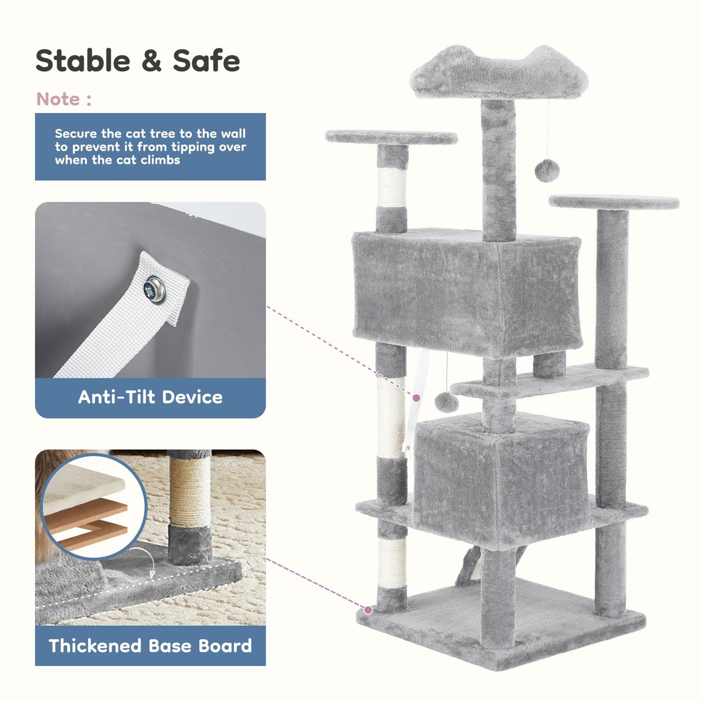 DUMOS 54-inch Indoor Cat Tree Tower –Multi-Level Pet House for Large Cats with 2 Condos, Scratching Posts, Round Platform, Small Ladder, and Toys, Light Grey
