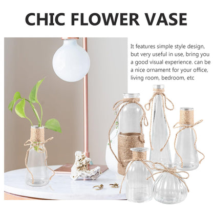 Cabilock 5pcs Glass Vases Set with Rope Design, Plant Terrarium Flower Arrangement Containers for Home Décor, Desktop Adornment, Includes Cone, Pumpkin, European Triangle Shapes