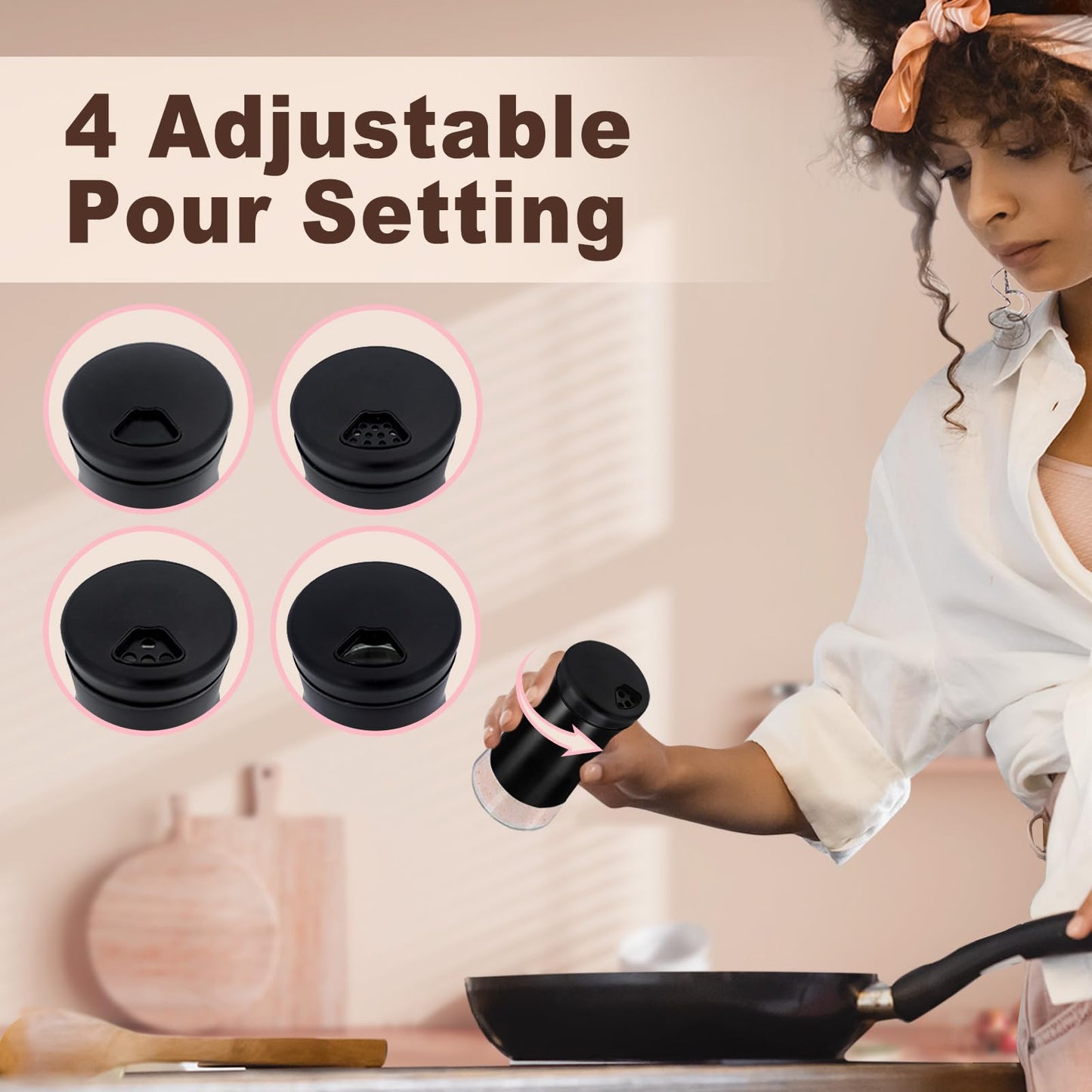Black Salt and Pepper Shakers with Adjustable Pour Holes, Farmhouse Glass Salt Shaker with Stainless Steel Lids, Refillable Shaker by Aelga, Ideal for Himalayan, Kosher and Black Pepper