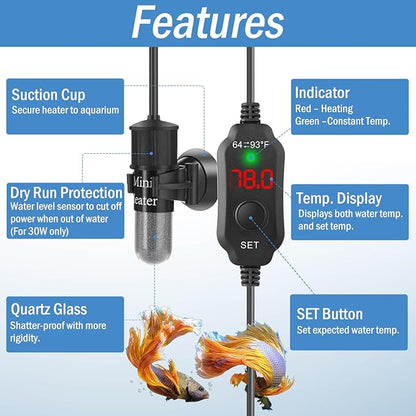 Super Mini Aquarium Heater 20W Betta Heater for 2-4 Gallon Tanks, Small Fish Tank Heater Turtle Heater with Dry-Run/Overheat Protection, Memory Function