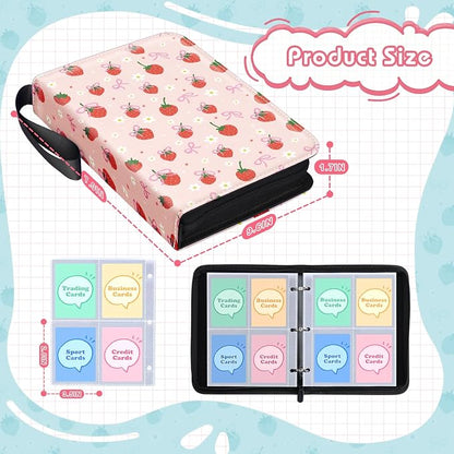 Premium 4 Pocket Trading Card Binder Holder 400 Cards with 50 Removable Sleeves | PU Leather Zipper Album Book for Sports Cards, Game | Card Storage & Organization for Girls Collector Strawberry Pink