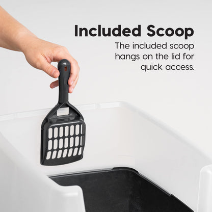 IRIS USA Large Open Top Cat Litter Box with High Sides, Scatter Shield & Scoop, Black - Easy Clean Plastic Litter Pan for Indoor Cats, Kittens or Multicat Homes