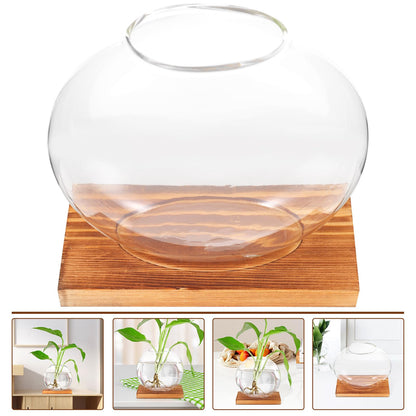 LALADEFIEE Desktop Glass Hydroponic Plant Vase with Retro Wood Base, Scindapsus Aureus Terrarium Planter for Office and Home Décor