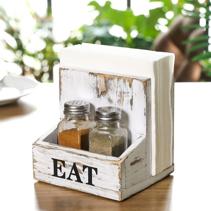MyGift Napkin Holder for Table, Wood Napkin Holder with Salt and Pepper Shakers Set, Condiment Caddy with Bold Black Printed EAT Design, Standing Paper Napkin Storage for Kitchen Dining Table Decor