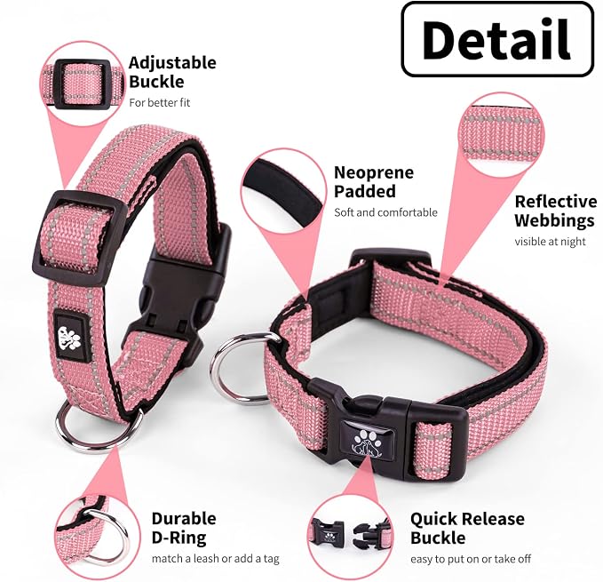 NESTROAD Dog Collar and Leash Set,Reflective Dog Collars with Quick Release Buckle,Adjustable Nylon Pet Collar for Small Medium Large Dogs(Medium,Pink)