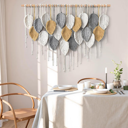 KHOYIME Large Macrame Wall Hanging Boho Woven Tapestry, Chic Modern Home Decor Bohemian Farmhouse Handmade Leaf Feather Wall Art Decorations for Living Room Bedroom Nursery Dorm Backdrop 39"W X 29.5"L