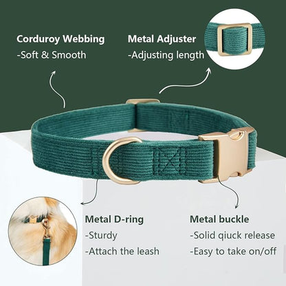 Soft Corduroy Dog Collar and Leash Set Adjustable Durable Dog Collars with Metal Buckle and Lead for Small Dogs,Dark Green