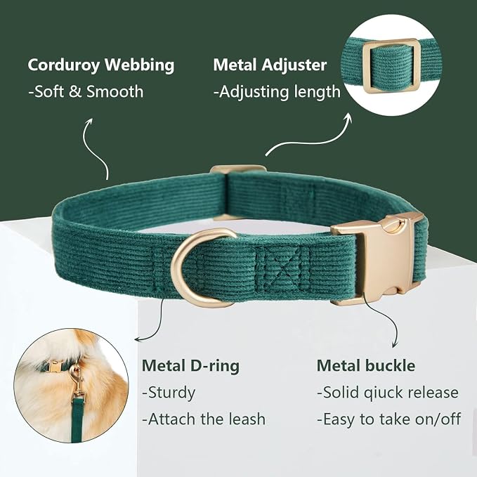 Soft Corduroy Dog Collar and Leash Set Adjustable Durable Dog Collars with Metal Buckle and Lead for Medium Dogs,Dark Green