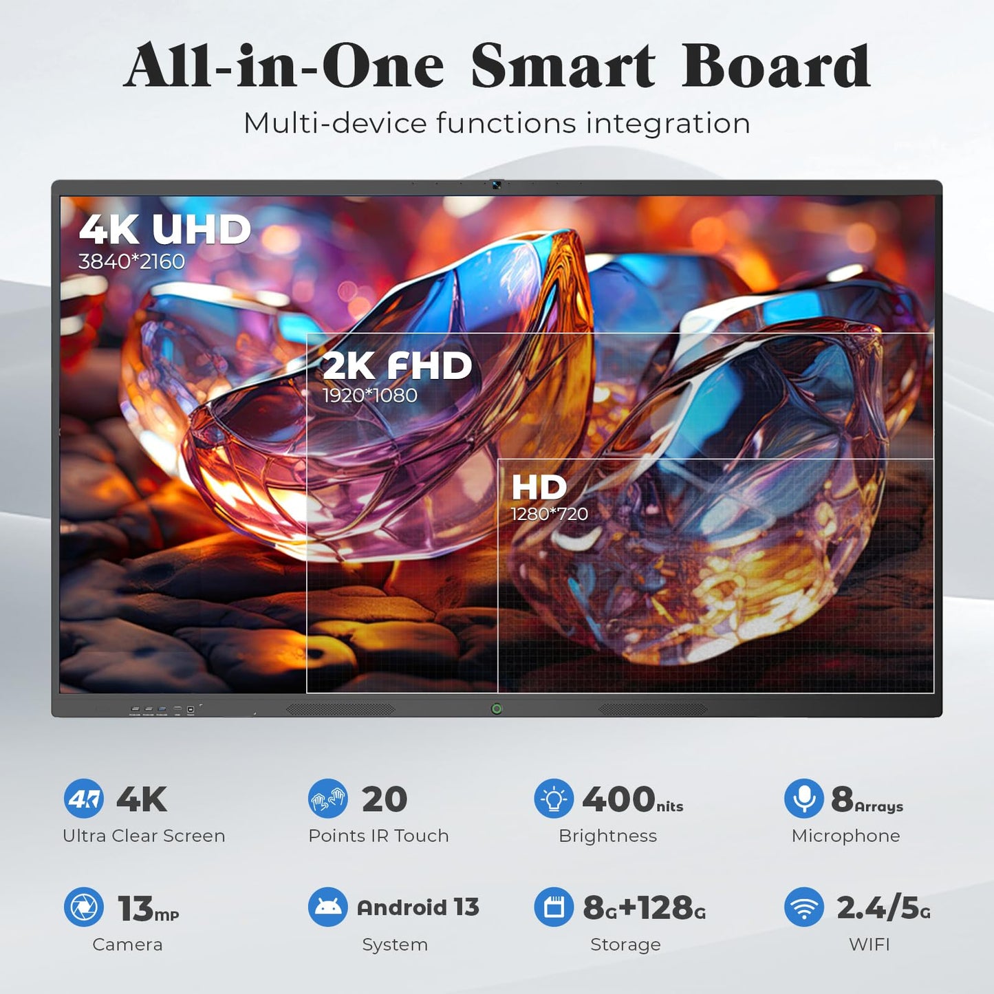 JASZDOT 86'' Smart Board, 4K UHD Interactive Touchscreen Whiteboard, Android 14 8+128GB Wireless Smartboard for Classroom Home Office Studio