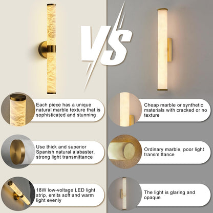 OSRoyce Alabaster Wall Sconces, 24" Brass Wall Sconce, Cylinder Natural Spanish Marble Sconces Wall Lighting, Modern Gold Dimmable Wall Lights for Living Room Bedroom Bathroom Stairs Hallway Entryway