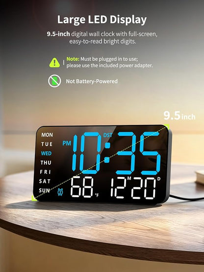 Abovsare Digital Wall Clock, Digital Clock Large Display, Corded LED Alarm Clocks with Date, Week, Temp, Auto Dimming, DST, Wall Mount or Desk Clock for Bedroom Living Room Classroom Office (Blue)