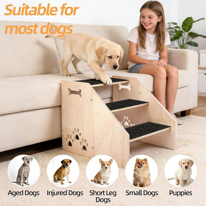 Dog Step, Wooden 3-Step Dog Stairs for High Beds & Couches, Non-Slip Pet Stair Ladder for Small Dogs, Puppies & Older Cats, 15.8 inch High