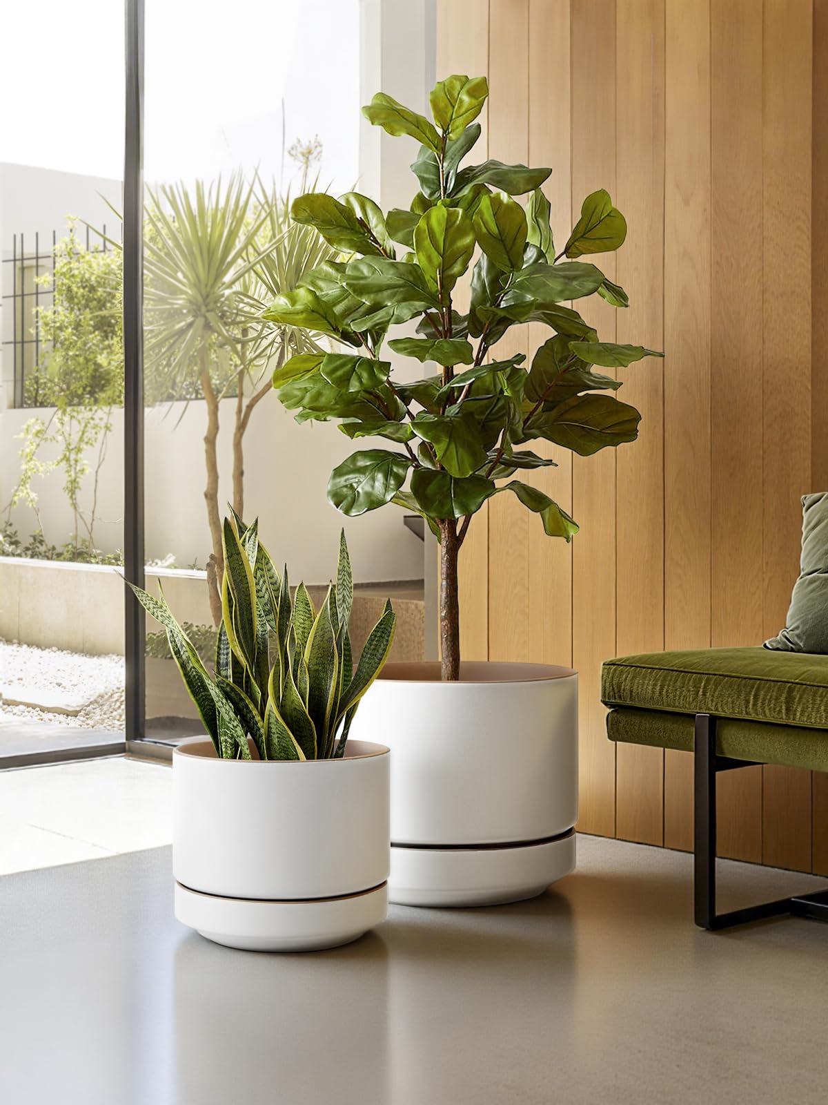 LE TAUCI 12 Inch Pot for Plants with Saucer, Ceramic Indoor Planter Pot with Drainage Hole, Mesh Pad Included, Matte Glazed Outside, Modern for Home and Office, Alpine White & Ochre