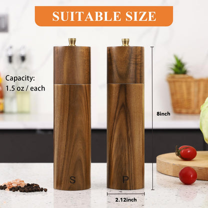 Yvake Wooden Salt and Pepper Grinder Set,8 Inch Manual Salt and Pepper Mill, Adjustable Coarseness and Refillable,Acacia Wood Pepper Grinder for your kitchen[Set of 2]