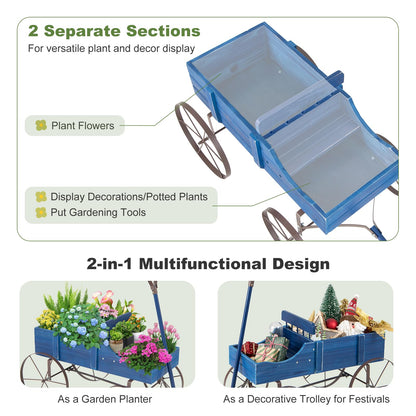 HAPPYGRILL Wooden Wagon Planter, 24.5” x 13.5” x 24” Decorative Garden Planter w/ 2 Planting Sections, Wheels, Handle, Small Decorated Cart, Flower Planter Box for Indoor Outdoor Festival Patio (Blue)