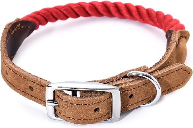 Mile High Life Genuine Leather Dog Collar, Durable Braided Cotton Rope Collar with Metal Pin Buckle for Small Medium Large Dogs (Red, L Neck 17"-21")