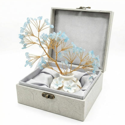 Aquamarine Crystal Tree of Life Decor, Large Chinoiserie Crystal Tree with Ceramic Vase and Gift Box, Blue Healing Money Feng Shui Tree Luck Reiki Balancing Energy Decoration for Women Men Gifts