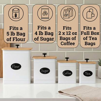Kitchen Canisters for Countertop Set of 4 with Customizable Chalkboard Labels & Marker Pen - Big Iron Kitchen Canisters with Airtight Lids - Canisters Sets for the Kitchen - White Kitchen Canister Set