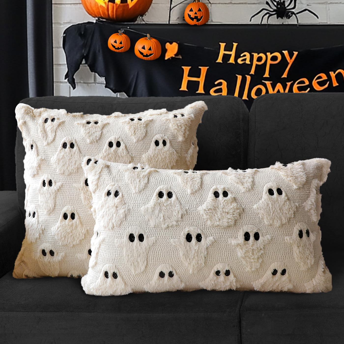 4TH Emotion Halloween Ghost Decorative Pillow Covers 18x18 Set of 2, Beige Soft Plush Faux Fur Farmhouse Throw Cushion Cases for Fall Holiday Home Decorations