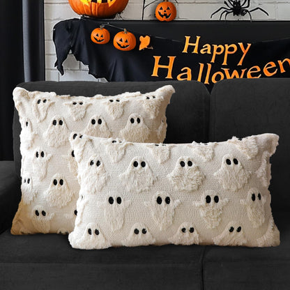 4TH Emotion Halloween Ghost Decorative Pillow Covers 18x18 Set of 2, Beige Soft Plush Faux Fur Farmhouse Throw Cushion Cases for Fall Holiday Home Decorations