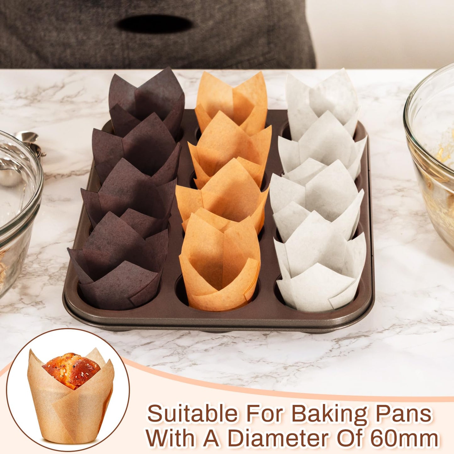 Motiskyy 300 Pcs Jumbo Muffin Liners for Baking 2-1/4" x 4" Large Tulip Cupcake Liners Greaseproof Cupcake Wrapper Paper for Weddings Birthday Christmas Anniversaries Party (Light Brown,White,Brown)