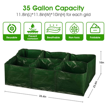 iPower PE Garden Planting Bed 35-Gallon Heavy Duty Plastic Raised Plant Grow Bag with 6 Partition Grids Potato Tomato Rectangle Planter Pots Containers, for Vegetables, Fruits, Flowers, Herbs