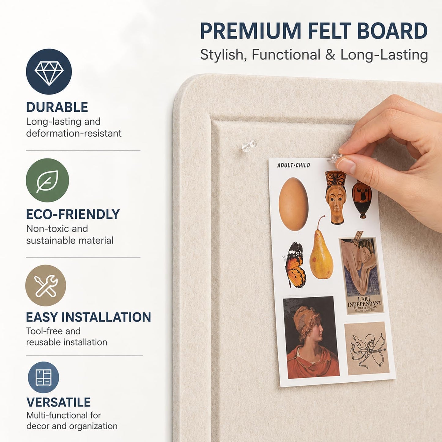 Baysola Beige Felt Bulletin Board for Wall 24 x 18 Inch Frameless