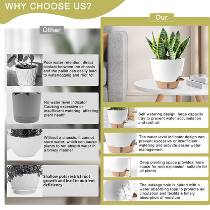 Self Watering Pots for Indoor Plants 12/10/9/8 Inch Large Plastic Self Watering Flower Pots Indoor Outdoor with Drainage Holes, Deep Reservoir,Nursery Planting Pot for Indoor Outdoor Plants White