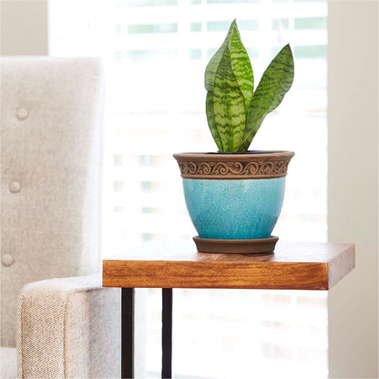Southern Patio Cadiz 8 Inch Diameter Crackled Glazed Ceramic Indoor Outdoor Garden Planter Pot Urn with Saucer for Flowers, Herbs, and Plants, Teal