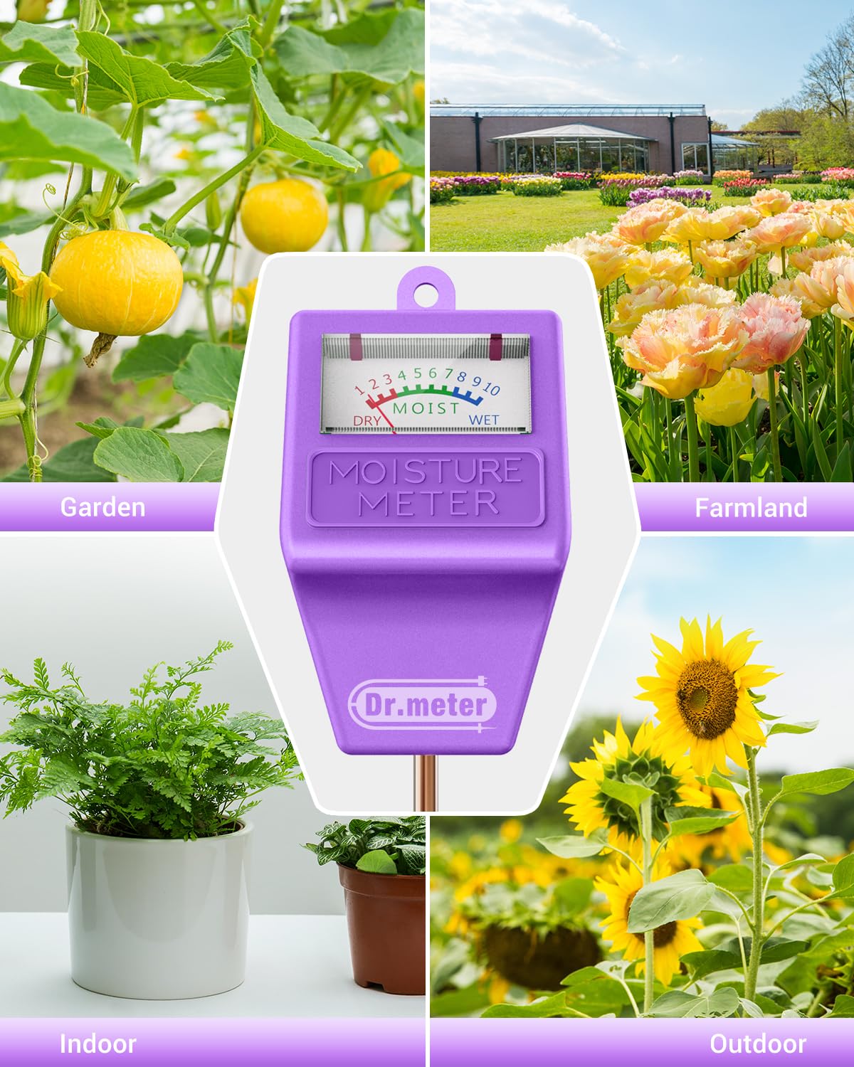 Dr.meter Soil Moisture Meter Tester for Plants, Hygrometer Moisture Sensor for Houseplants Indoor Outdoor Garden Lawn Use - Plant Water Meter Gauge Test Kit, No Battery Needed - Gardening Gifts
