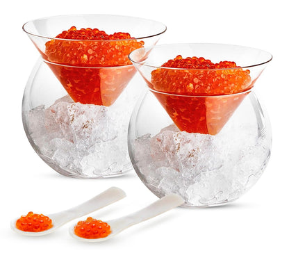 KooK Glass Caviar Chiller Server Set, with Mother of Pearl Spoons, Serving Dish with Ice Holder, for Shrimp, Appetizers, Liquor, Martinis and Cocktails, Dishwasher Safe, 5 oz Bowl, Set of 2