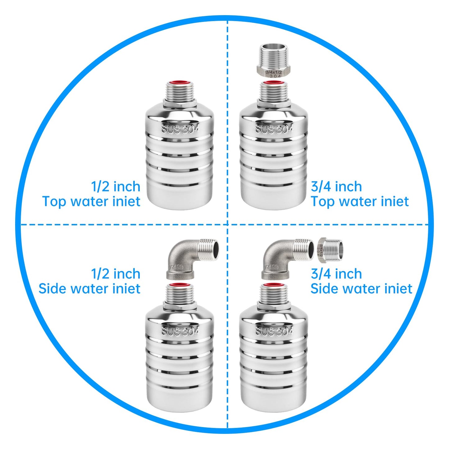 2 Pack Float Valve, Automatic Water Level Control Valve with 1/2inch to 3/4inch 1inch Adapter for Water Tank, Aquariums, Livestock Trough (2)