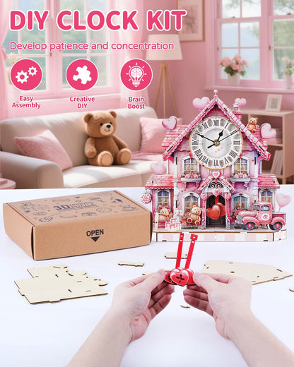 Rnfinewow 3D Wooden Puzzles for Adults, 3D Puzzle Sweetheart House Clock Kit (with Pendulum), 3D Puzzles for Adults Home Decor DIY Clock Puzzle Gifts for Women Men