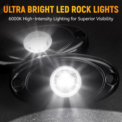 YONEDA 4 Pods White Rock Lights 6000K 3LED Bright LED Underglow Lights IP68 Waterproof for Trucks SUV UTV ATV RZR Car Boats Pickup Motorcycle