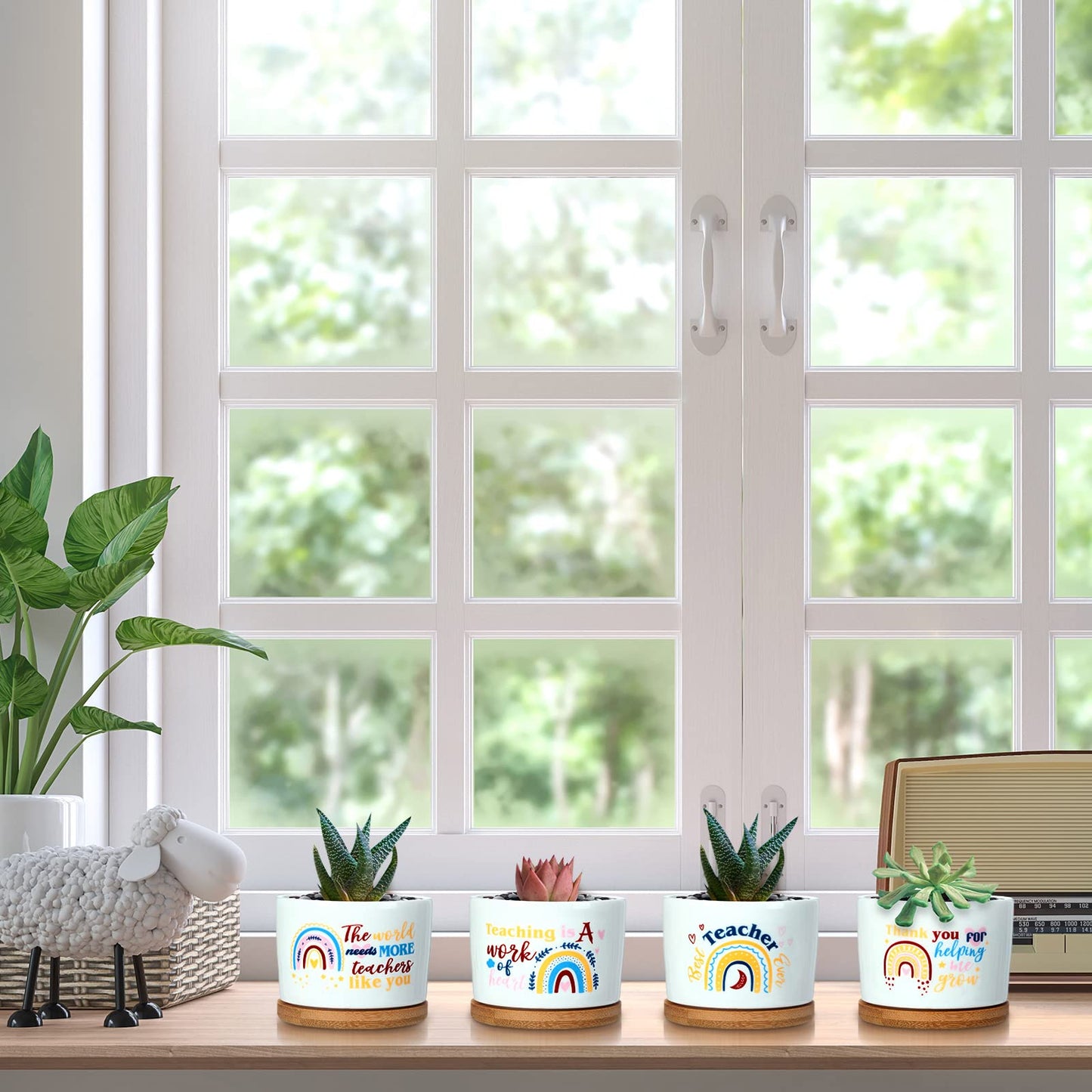 Junkin 12 Pcs Thank You Teacher Appreciation Gift Ceramic Plant Succulent Pots with Bamboo Tray Christian Bible Verse Gift Set Card for Employee(Plant Not Included)(Classic)