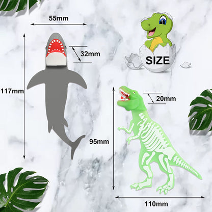 2 Pieces Shark Bookmark for Kids Boys Dinosaur Giant Cool Childrens 3D Luminous Cartoon Animal Bookmark, School Supplies(Dinosaur and Shark Style)