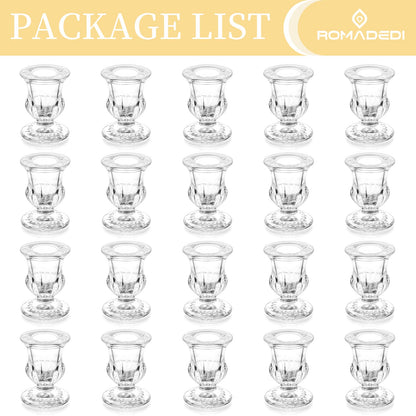 20 Pcs Glass Taper Candle Holders - Romadedi Clear Small Candlestick Holder Bulk, Thicker Glass Candle Sticks Set for Wedding Christmas Party Dining Table Table Centerpiece Decor