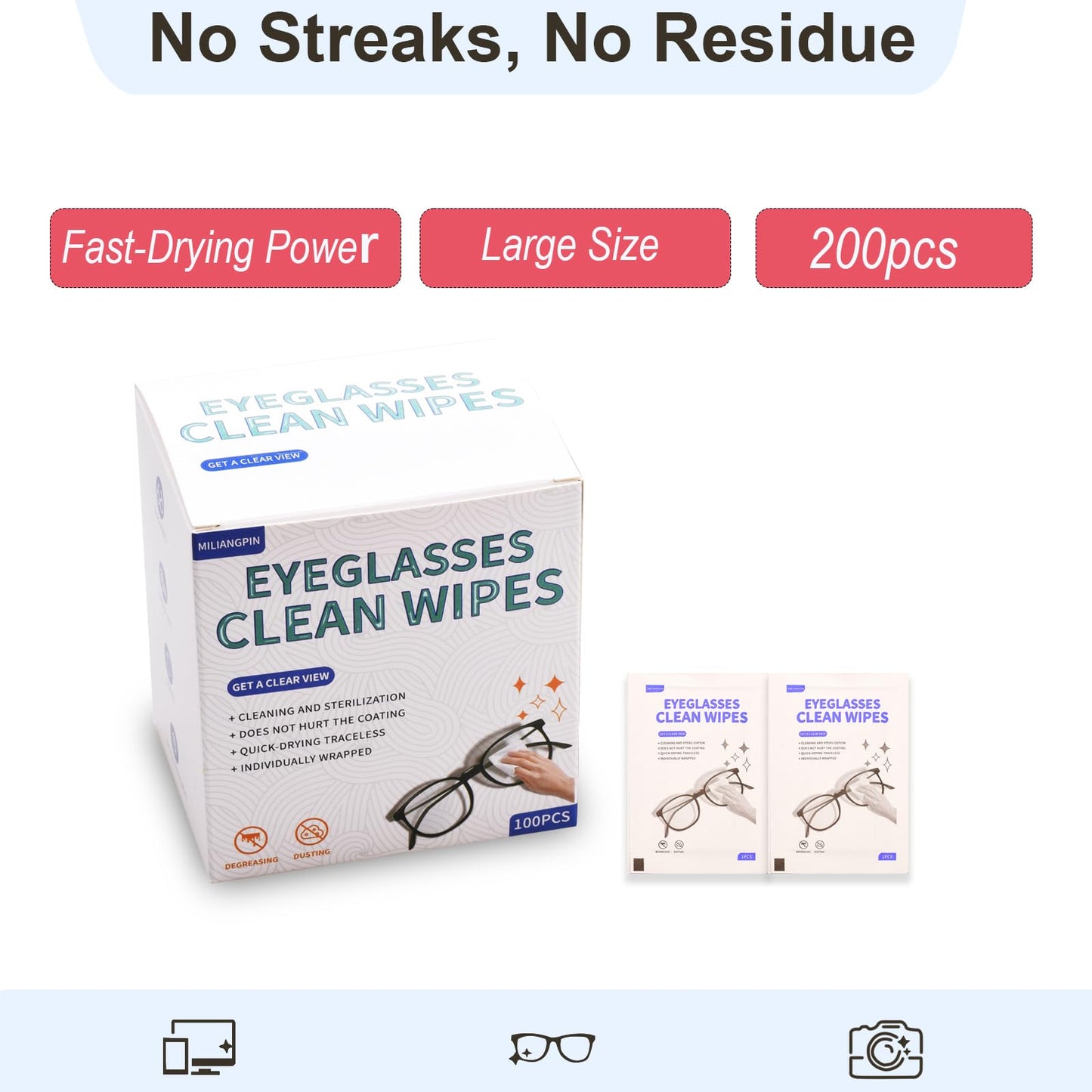 Disposable Lens Cleaning Wipes, Large 4.7" x 5.9" Size, 200 Count (2 Packs of 100), Multi-Purpose Cleaning Cloths for Glasses, Screens, Camera Lenses