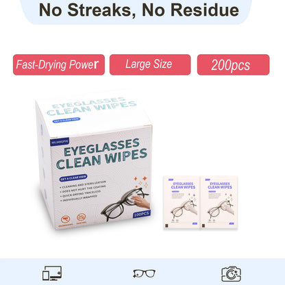 Disposable Lens Cleaning Wipes, Large 4.7" x 5.9" Size, 200 Count (2 Packs of 100), Multi-Purpose Cleaning Cloths for Glasses, Screens, Camera Lenses