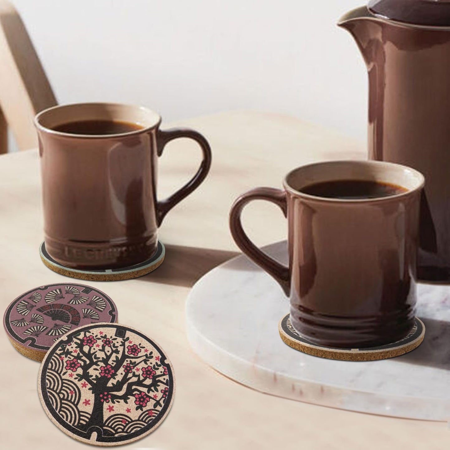 Japanese Coasters Japan Manhole Design Coasters for Drinks Cherry Blossom Koi Pagoda Deer Cork Coasters for Coffee Table Housewarming Birthday Gifts Set of 6