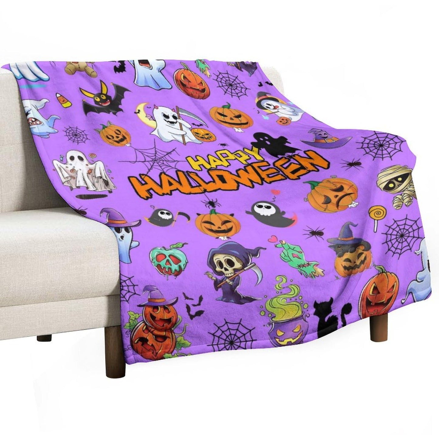 Halloween Throw Blanket 60" x 50" - Soft Flannel Ghost Blanket, Cozy Plush for Couch, Sofa & Bed, Fall Winter Decor, for Kids & Adults (Purple)